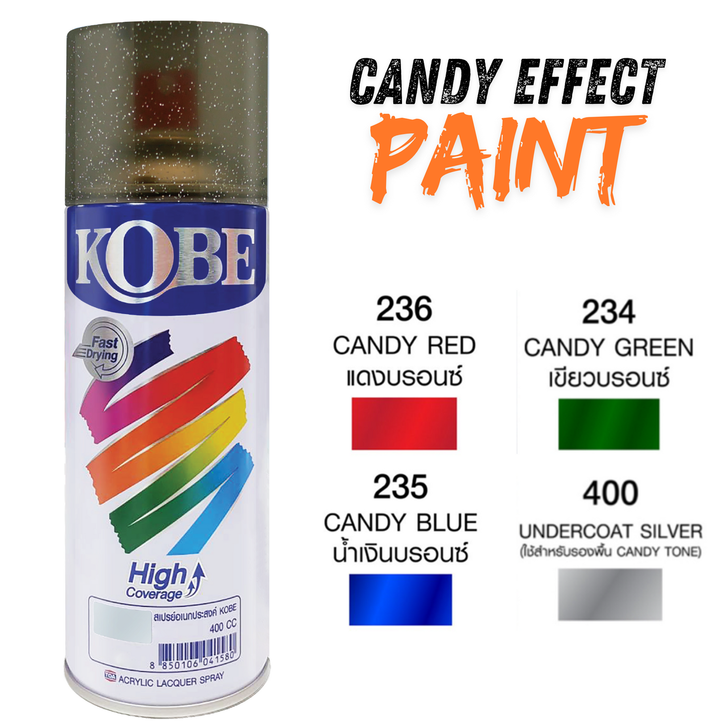 Kobe Spray Paints, Candy Color Spray 400ml, Premium All Purpose Lacquer Spray Paint. CANDY Finish