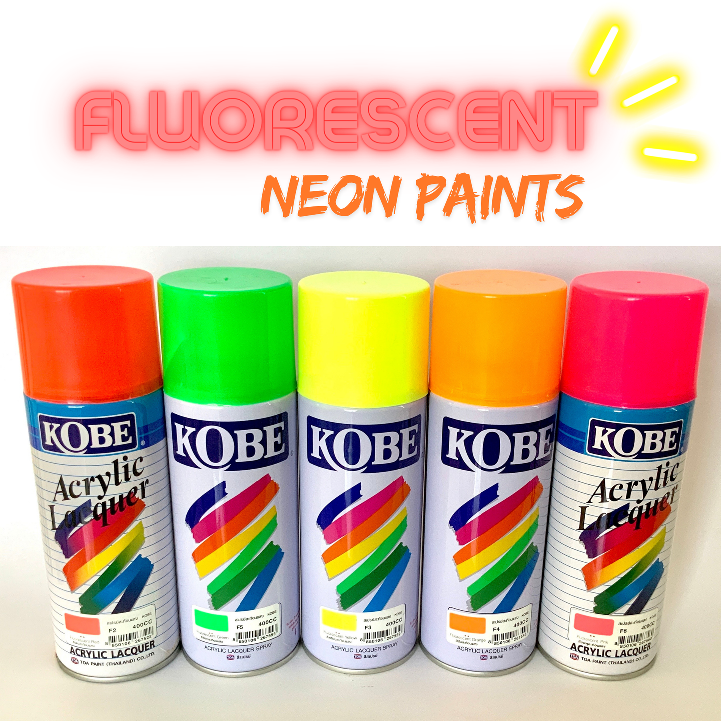 Kobe Spray Paints, Neon Spray Paint 400ml, Premium All Purpose Lacquer Spray Paint. Fluorescent Paint