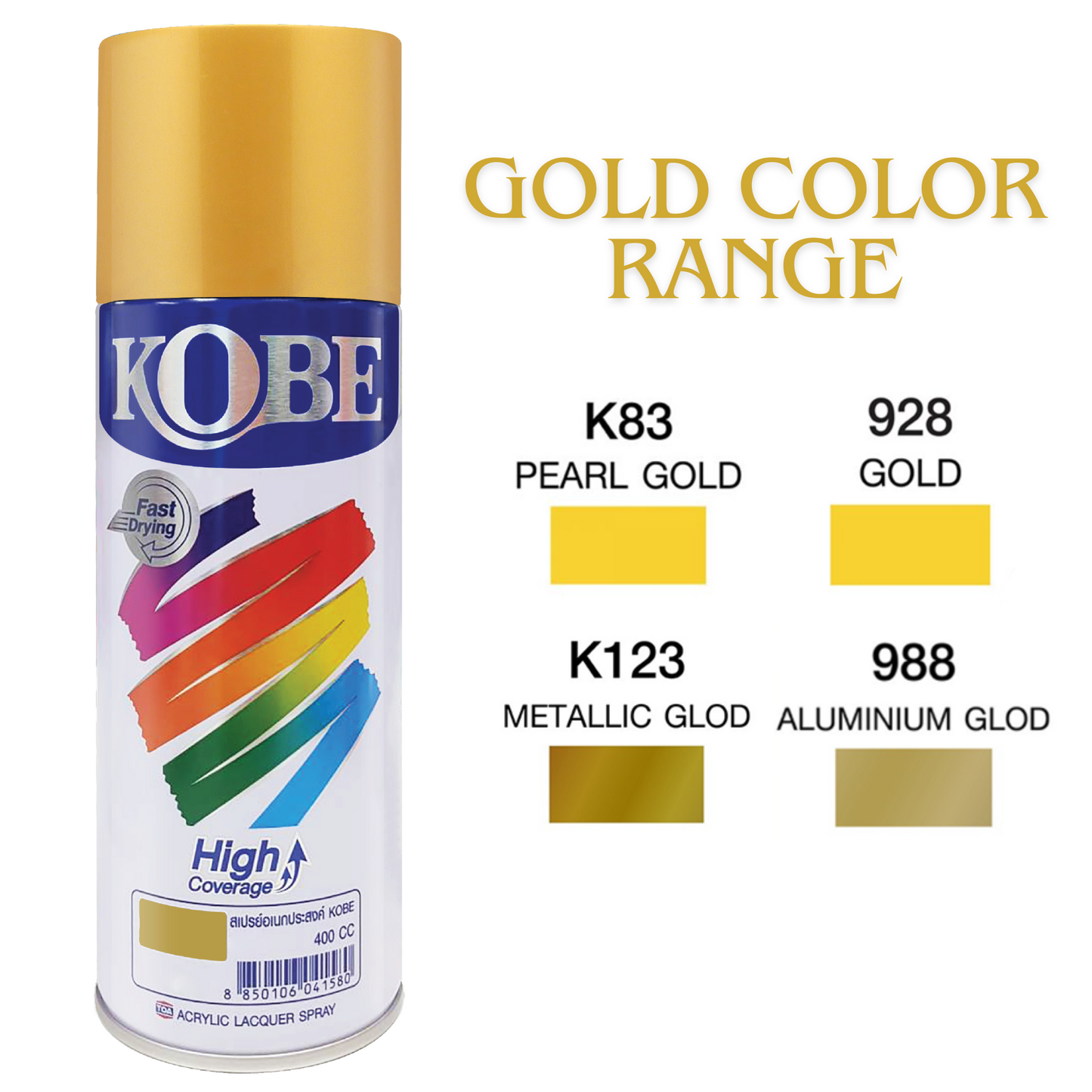 Kobe Spray Paints, Gold Spray 400ml, Premium All Purpose Lacquer Spray Paint. Gold Colors